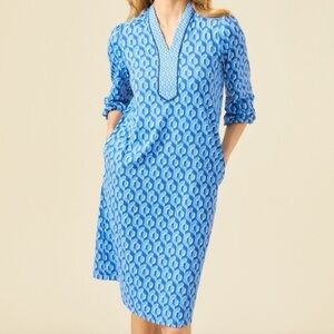 J. McLaughlin Emer Midi Dress Blue Geometric Pattern Medium Preppy Resort Wear